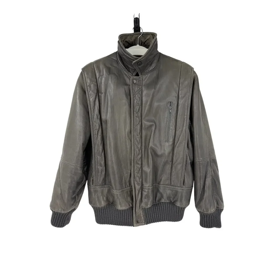 Vintage Basile Italy Mens M Gray Leather Bomber Jacket 90s Designer Moto